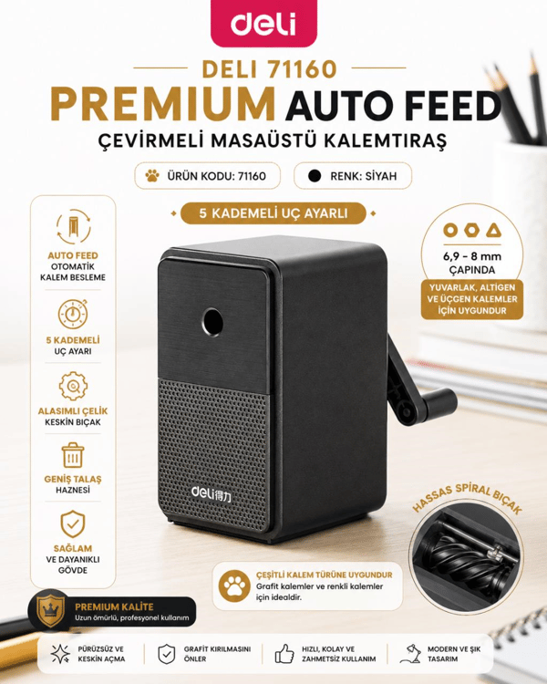 Deli 71160 Premium Auto Feed Çevirmeli Masaüstü Kalemtıraş Siyah | 5 Kademe Uç Ayarlı