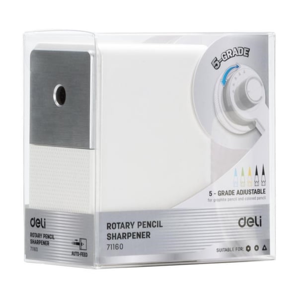 Deli 71160 Premium Auto Feed Çevirmeli Masaüstü Kalemtıraş Beyaz | 5 Kademe Uç Ayarlı