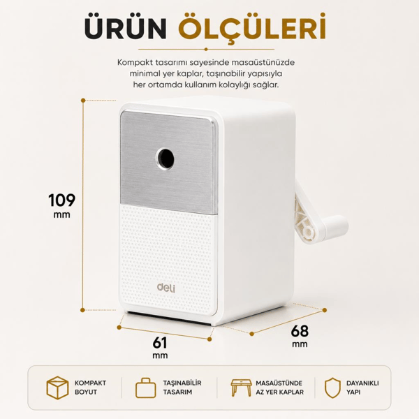 Deli 71160 Premium Auto Feed Çevirmeli Masaüstü Kalemtıraş Beyaz | 5 Kademe Uç Ayarlı