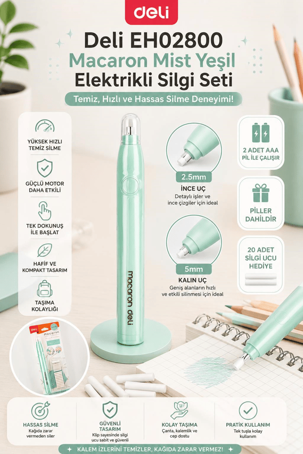 Deli EH02800 Macaron Mist Yeşil Elektrikli Silgi Seti