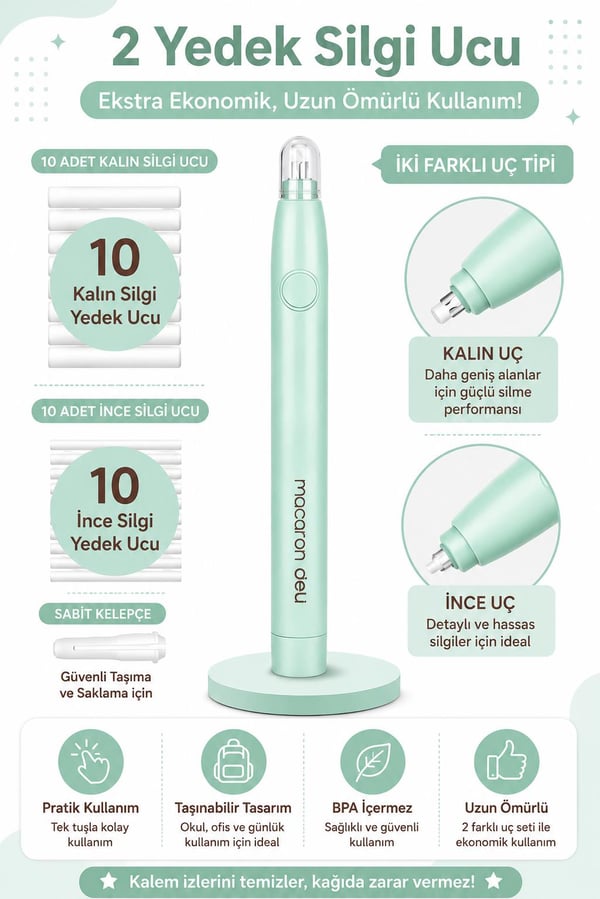 Deli EH02800 Macaron Mist Yeşil Elektrikli Silgi Seti
