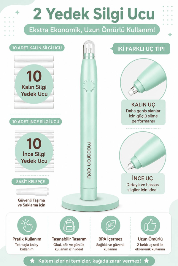 Deli EH02800 Macaron Mist Yeşil Elektrikli Silgi Seti