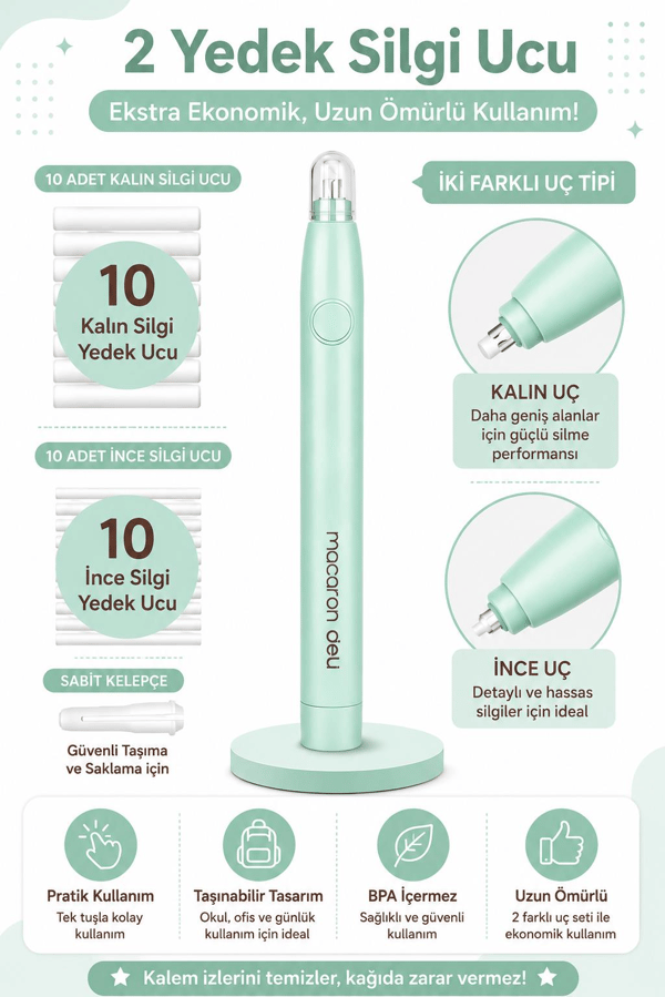 Deli EH02800 Macaron Mist Yeşil Elektrikli Silgi Seti