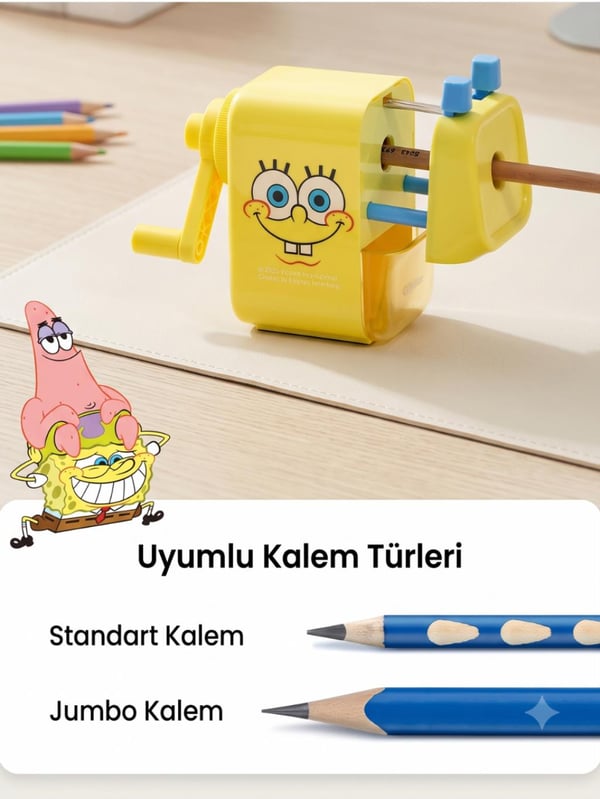Deli EH511 SpongeBob Lisanslı Masaüstü Kalemtıraş Sarı – Jumbo ve Standart Kalem Uyumlu