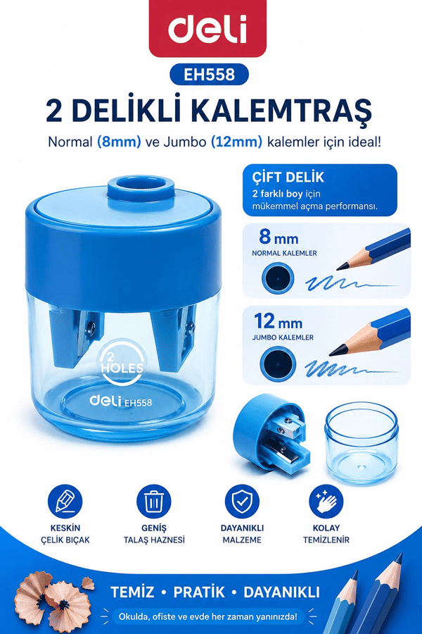 Deli EH558 Mavi Çift Hazneli Kalemtıraş – Jumbo & Standart Kalemler İçin