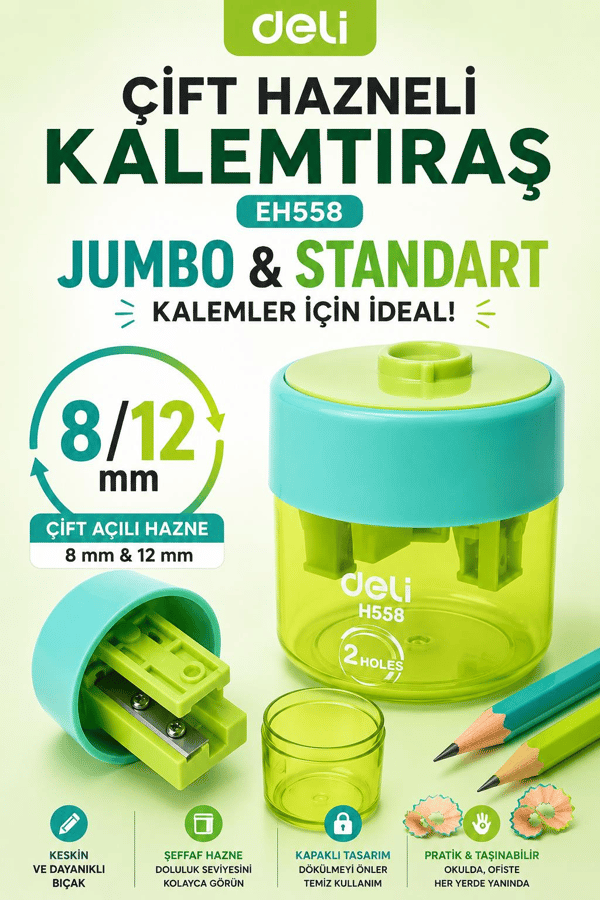 Deli EH558 Mint Yeşil Çift Hazneli Kalemtıraş – Jumbo & Standart Kalemler İçin