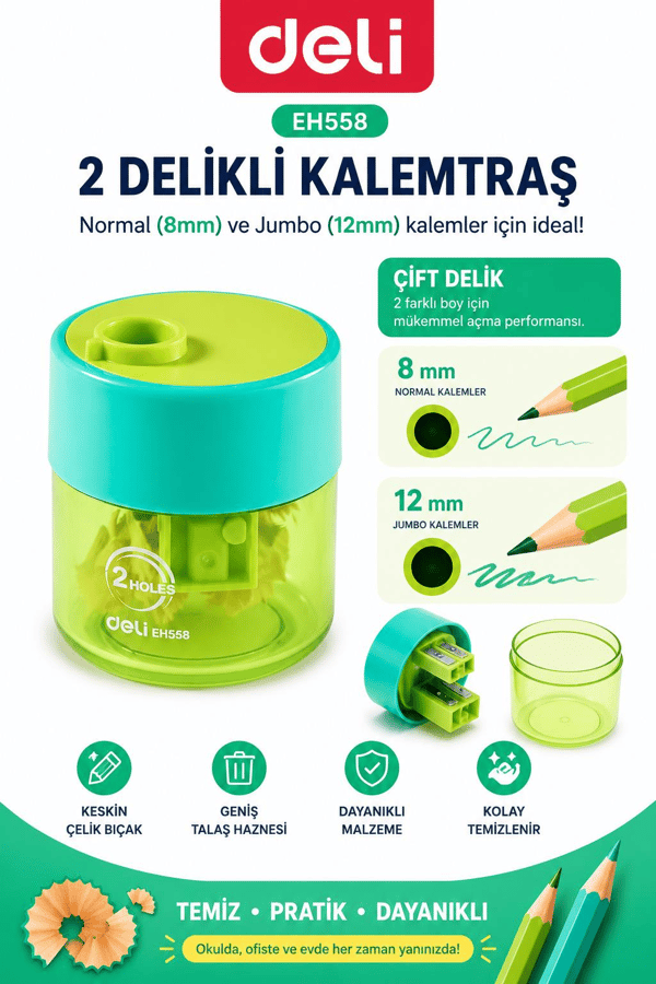 Deli EH558 Mint Yeşil Çift Hazneli Kalemtıraş – Jumbo & Standart Kalemler İçin