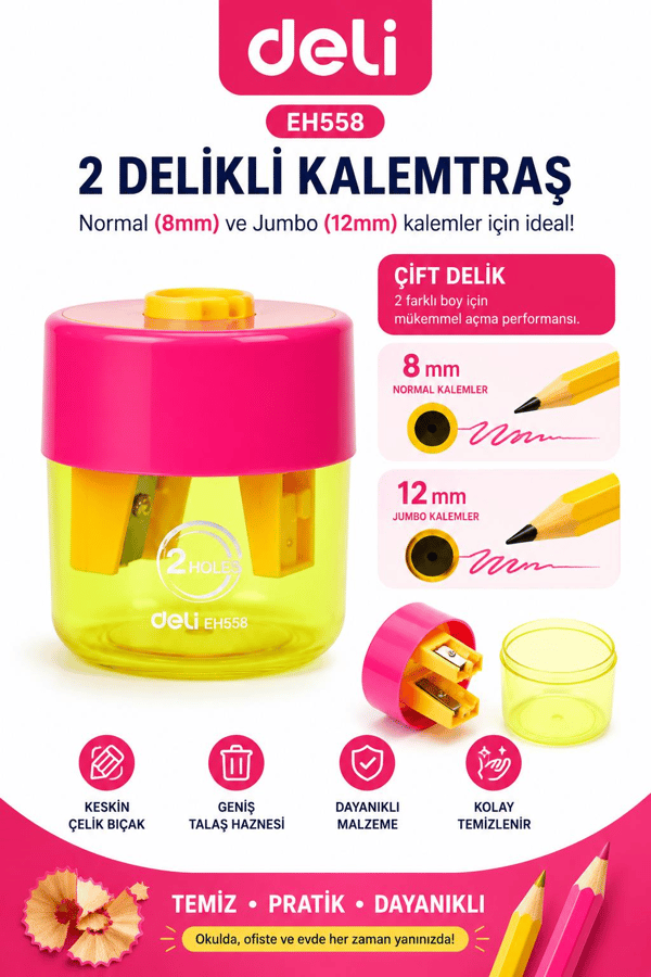 Deli EH558 Sarı Pembe Çift Hazneli Kalemtıraş – Jumbo & Standart Kalemler İçin