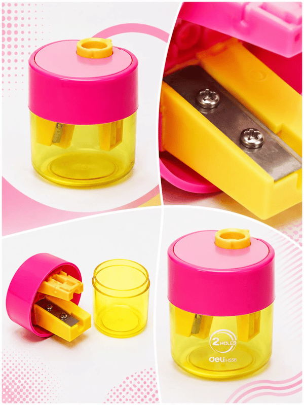 Deli EH558 Sarı Pembe Çift Hazneli Kalemtıraş – Jumbo & Standart Kalemler İçin