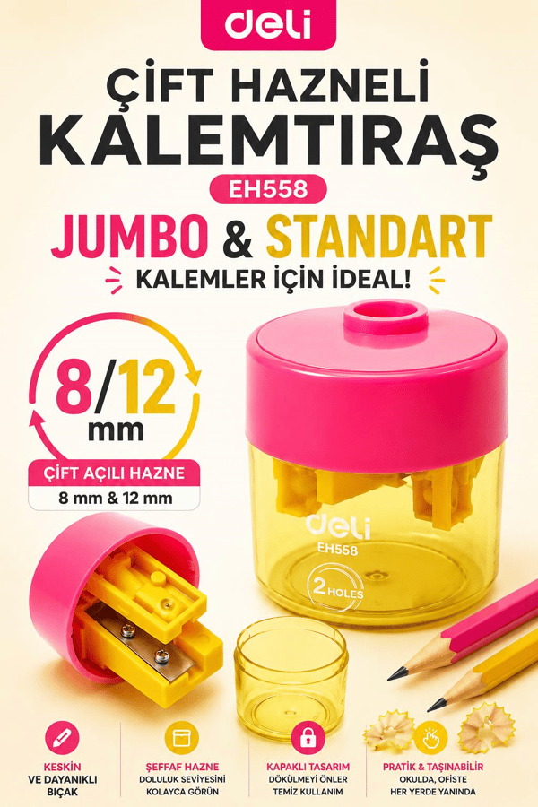 Deli EH558 Sarı Pembe Çift Hazneli Kalemtıraş – Jumbo & Standart Kalemler İçin