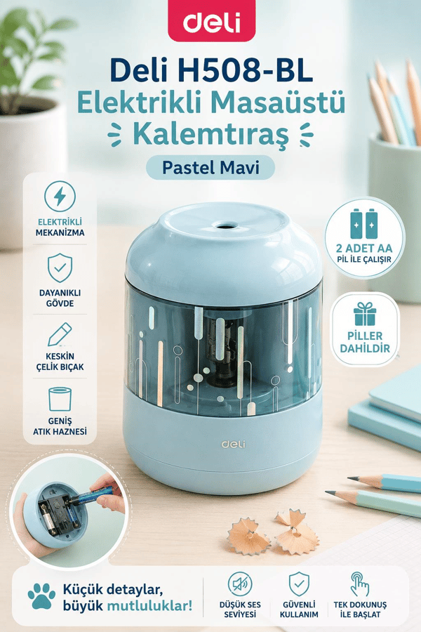 Deli H508-BL Elektrikli Masaüstü Kalemtıraş Pastel Mavi