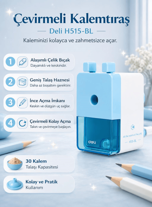 Deli H515-BL Çevirmeli Kalemtıraş – Geniş Hazneli, Dayanıklı Çelik Bıçaklı Masaüstü Kalemtraş (Mavi)