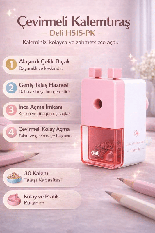 Deli H515-PK Çevirmeli Kalemtıraş – Geniş Hazneli, Dayanıklı Çelik Bıçaklı Masaüstü Kalemtraş (Pembe)