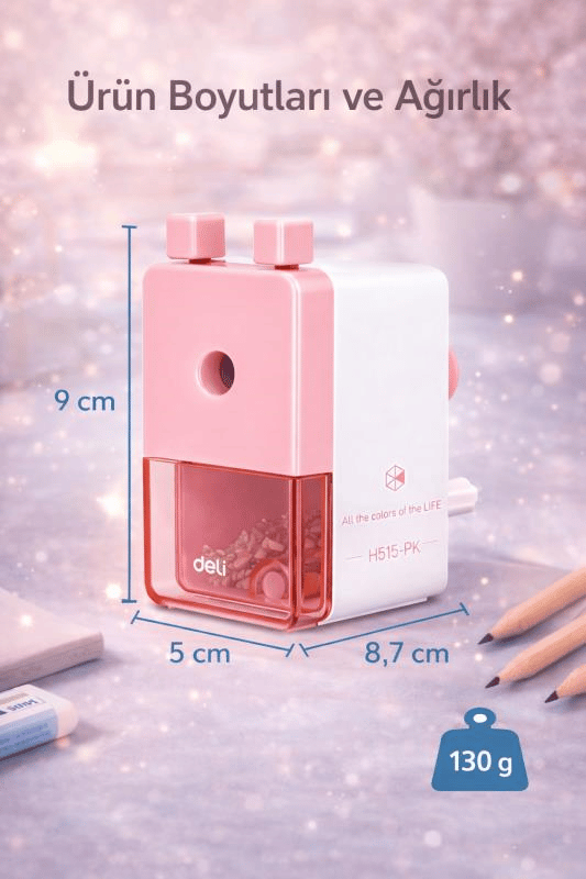 Deli H515-PK Çevirmeli Kalemtıraş – Geniş Hazneli, Dayanıklı Çelik Bıçaklı Masaüstü Kalemtraş (Pembe)