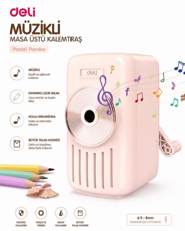 Deli Masa Üstü Müzikli Pastel Pembe Kalemtraş