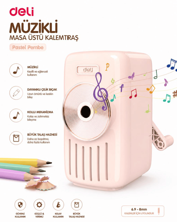 Deli Masa Üstü Müzikli Pastel Pembe Kalemtraş