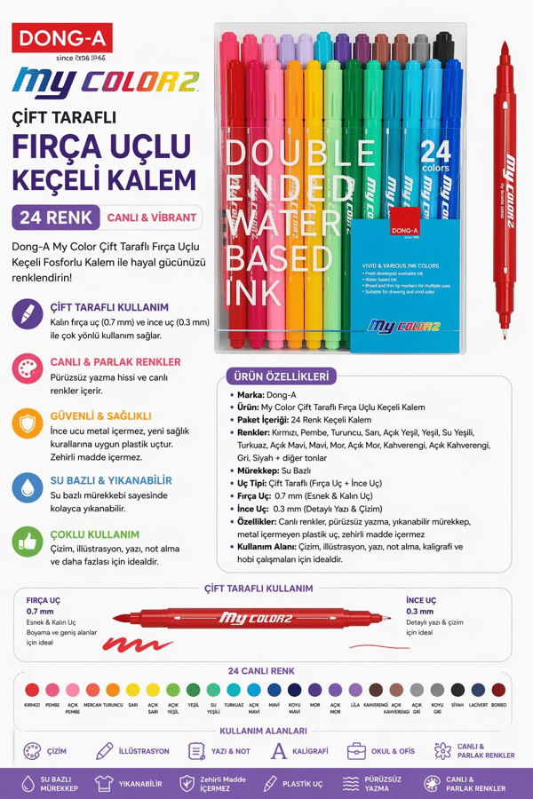 Dong-A My Color Çift Taraflı Fırça Uçlu Keçeli Fosforlu Kalem 24 Renk