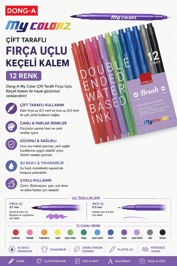 Dong A My Color Çift Taraflı Fırça Uçlu Keçeli Fosforlu Kalem 12 Renk