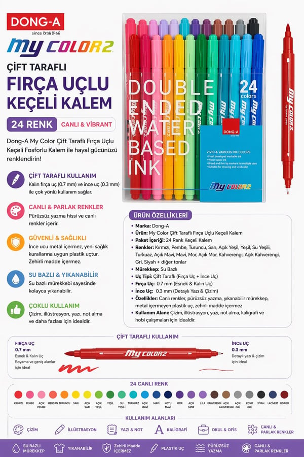 Dong-A My Color Çift Taraflı Fırça Uçlu Keçeli Fosforlu Kalem 24 Renk