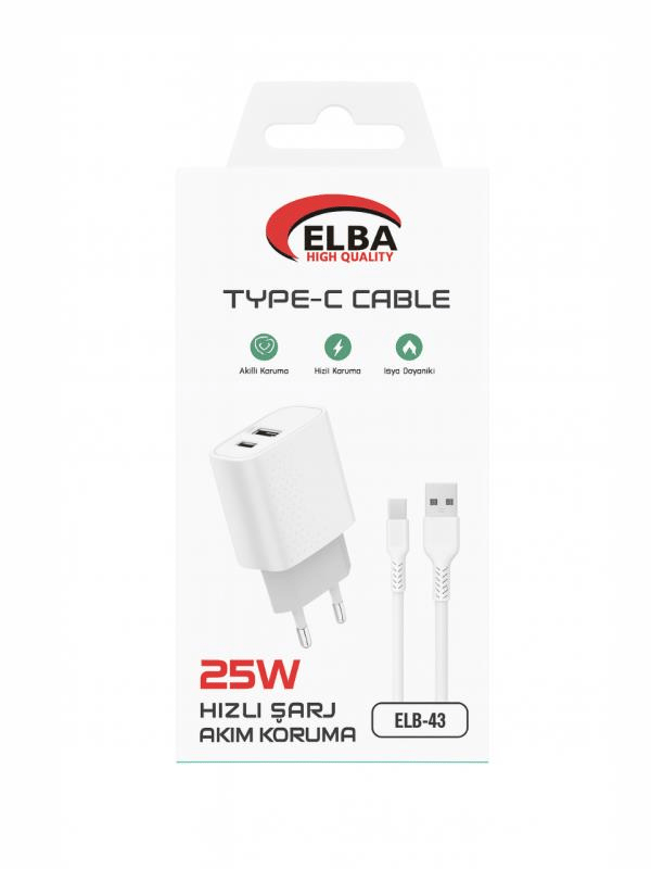 ELBA ELB-43 25W 2'li USB Başlık TYPE-C Kablolu Set Hızlı Şarj Akım Korumalı Şarj Seti