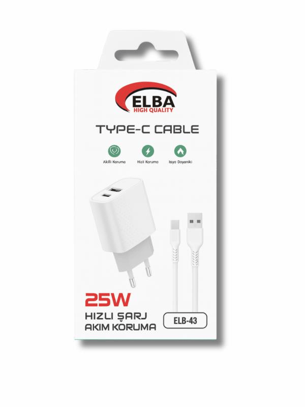 ELBA ELB-43 25W 2'li USB Başlık TYPE-C Kablolu Set Hızlı Şarj Akım Korumalı Şarj Seti