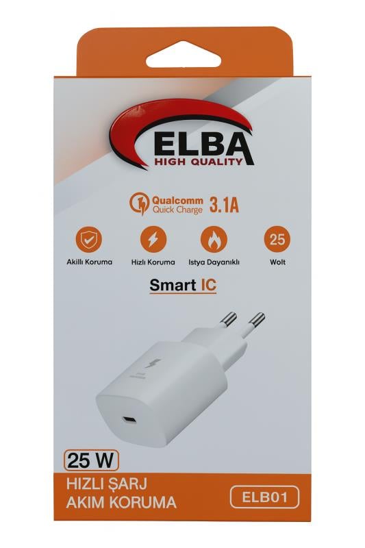 Elba ELB01-25WPD Beyaz 25W Şarj Kafa Type USB-C PD3.0/QC4.0(Akım Koruma/Hızlı Şarj/Isıya Dayanıklı)