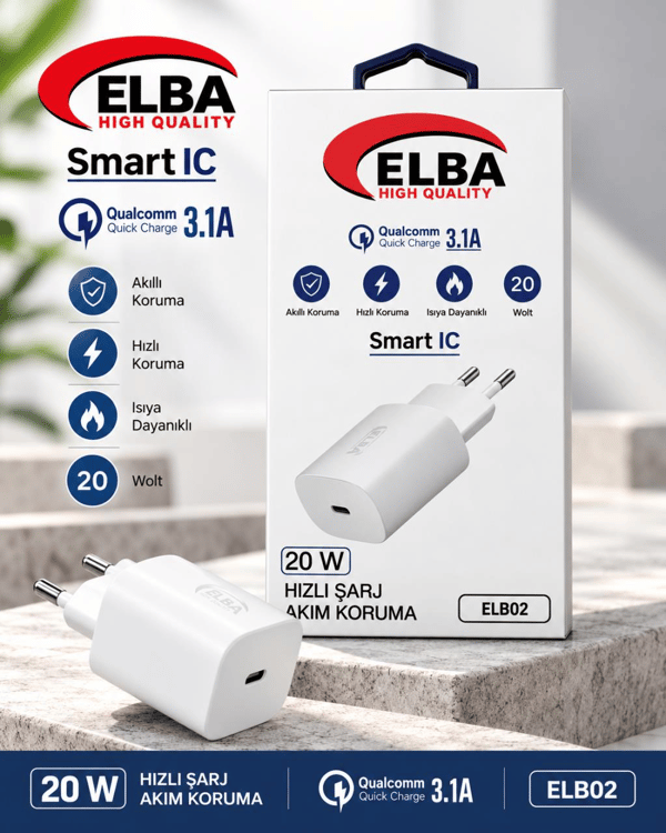 Elba ELB02-20WPD Beyaz 20W USB-C Şarj Cihazı PD 3.0/QC4.0(Akıllı Koruma/Hızlı Şarj/Isıya Dayanıklı)