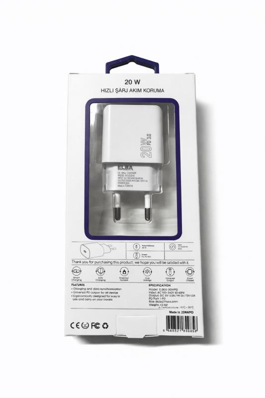 Elba ELB02-20WPD Beyaz 20W USB-C Şarj Cihazı PD 3.0/QC4.0(Akıllı Koruma/Hızlı Şarj/Isıya Dayanıklı)