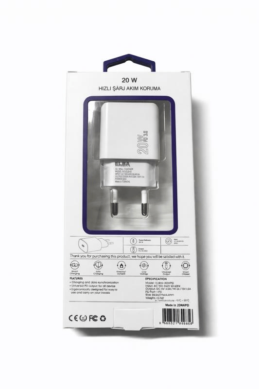 Elba ELB02-20WPD Beyaz 20W USB-C Şarj Cihazı PD 3.0/QC4.0(Akıllı Koruma/Hızlı Şarj/Isıya Dayanıklı)