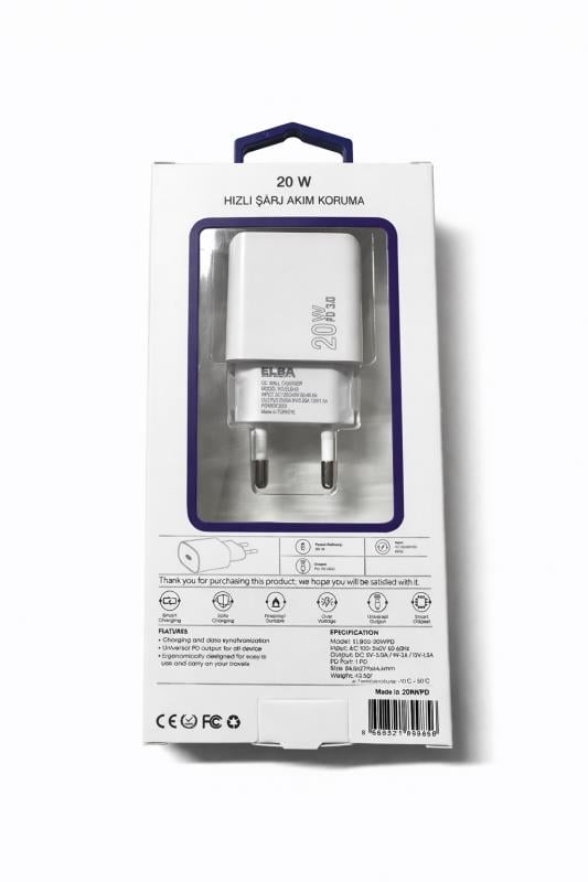 Elba ELB02-20WPD Beyaz 20W USB-C Şarj Cihazı PD 3.0/QC4.0(Akıllı Koruma/Hızlı Şarj/Isıya Dayanıklı)