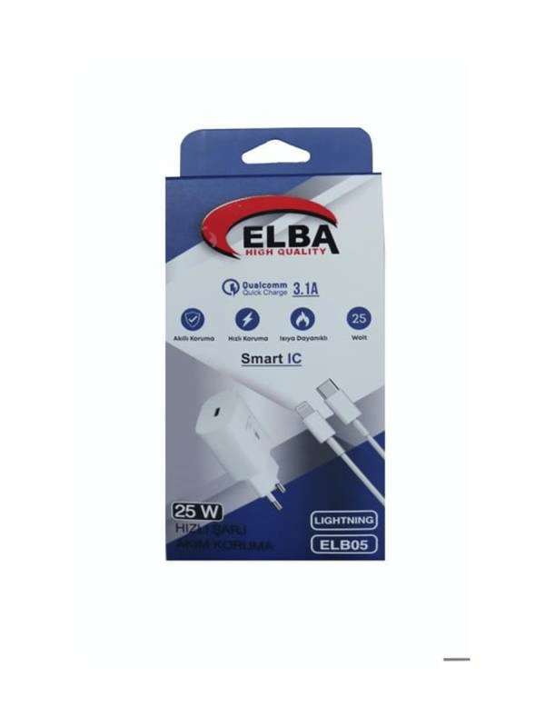 Elba ELB05-PD-25WIOS Beyaz 25W Usb-c Ev Şarj Kafa+1mt Type-c To Lightnıng Kablo PD3.0/QC4.0 Hızlı Şarj Cihazı