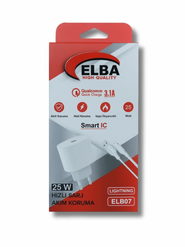 Elba ELB07-USB-25WIOS Beyaz 25W Usb Ev Şarj Kafa+ Usb 1mt Lightning Kablo QC4.0 Hızlı Şarj