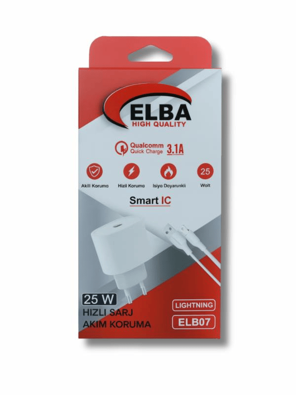 Elba ELB07-USB-25WIOS Beyaz 25W Usb Ev Şarj Kafa+ Usb 1mt Lightning Kablo QC4.0 Hızlı Şarj