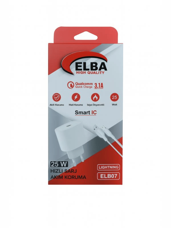 Elba ELB07-USB-25WIOS Beyaz 25W Usb Ev Şarj Kafa+ Usb 1mt Lightning Kablo QC4.0 Hızlı Şarj