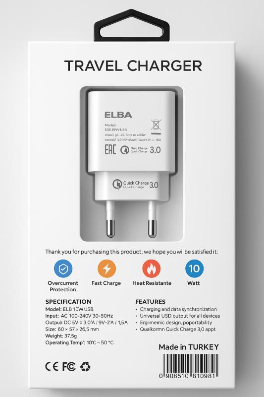Elba Elb10 10W 3.0A Hızlı Şarj Akıllı Koruma Usb EV Şarj Cihazı