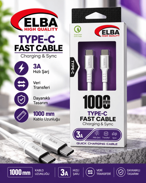 Elba ELB120-1 120W Ultra Hızlı Şarj ve Veri Kablosu – Type-C’den Type-C’ye, 1 Metre, Siyah Örgülü Tasarım