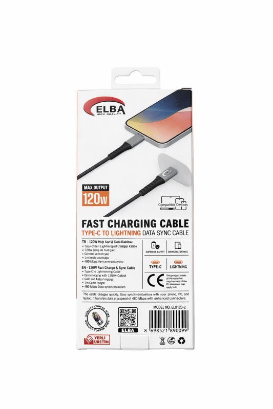Elba ELB120-2 120W Ultra Hızlı Şarj ve Veri Kablosu – Type-C'den Lightning'e, 1 Metre, Siyah Örgülü Tasarım