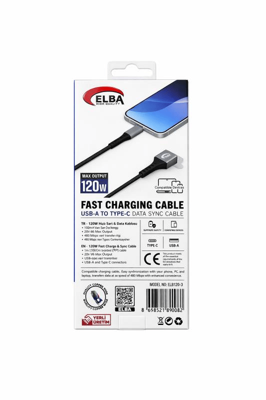 Elba ELB120-3 120W Ultra Hızlı Şarj ve Veri Kablosu – USB’den Type-C’ye, 1 Metre, Siyah Örgülü Kaplama