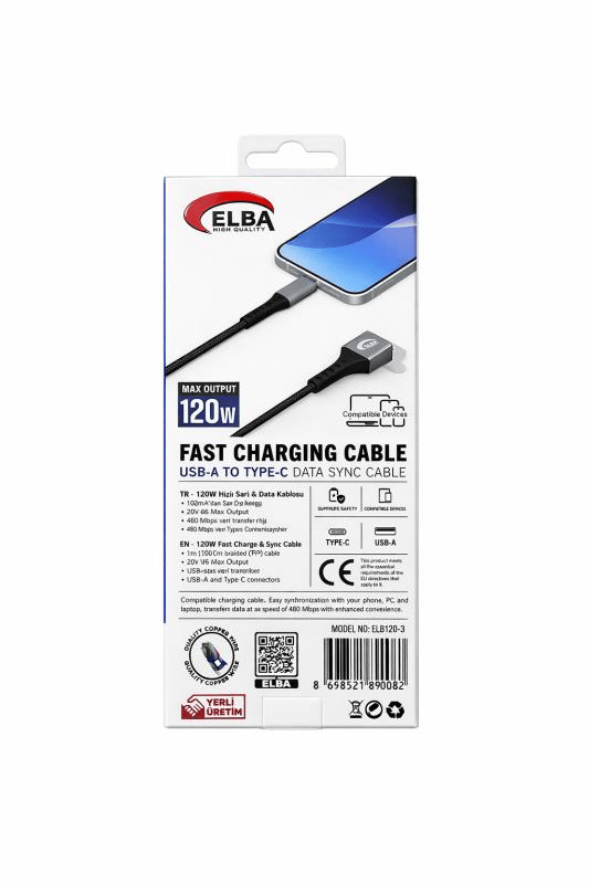 Elba ELB120-3 120W Ultra Hızlı Şarj ve Veri Kablosu – USB’den Type-C’ye, 1 Metre, Siyah Örgülü Kaplama