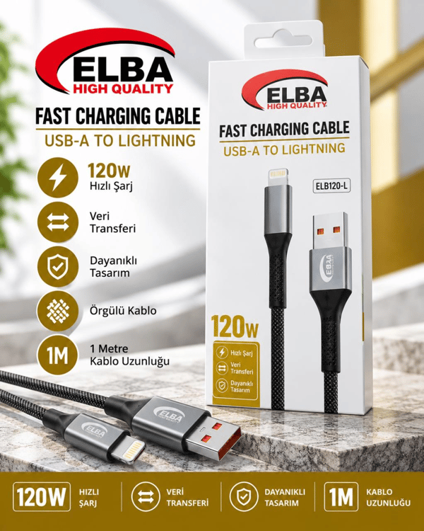 Elba ELB120-4 120W Ultra Hızlı Şarj Kablosu – USB'den Lightning'e, 1 Metre, Siyah Örgülü Tasarım