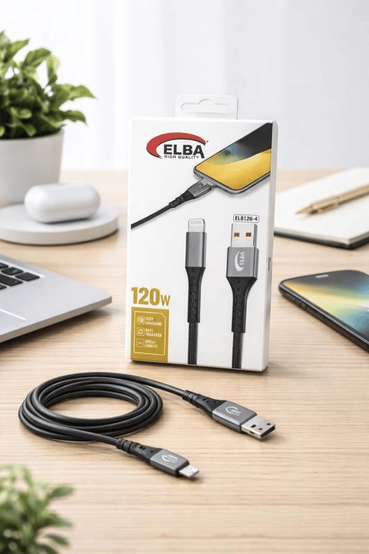 Elba ELB120-4 120W Ultra Hızlı Şarj Kablosu – USB'den Lightning'e, 1 Metre, Siyah Örgülü Tasarım