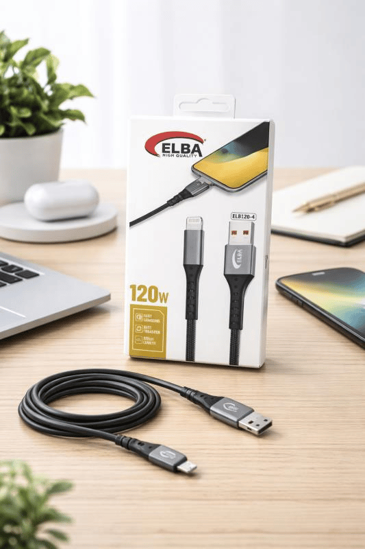 Elba ELB120-4 120W Ultra Hızlı Şarj Kablosu – USB'den Lightning'e, 1 Metre, Siyah Örgülü Tasarım