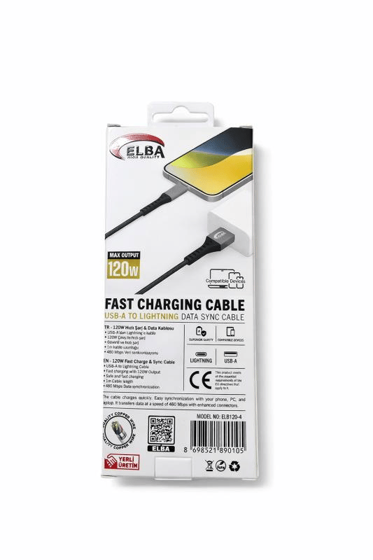 Elba ELB120-4 120W Ultra Hızlı Şarj Kablosu – USB'den Lightning'e, 1 Metre, Siyah Örgülü Tasarım
