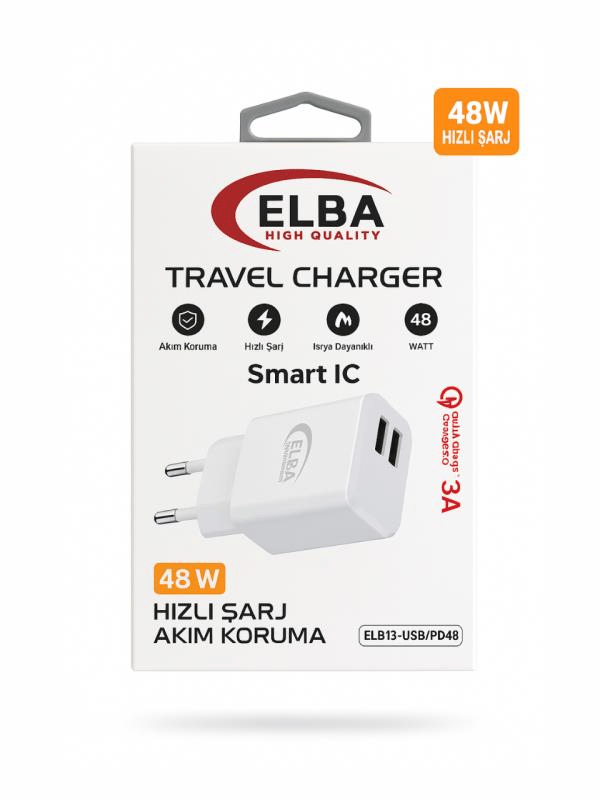 Elba ELB13 Elb-48w 3.4A USB/Pd48 (Usb+Type-C) Akıllı Koruma/ Isıya Dayanklı Hızlı Şarj Ev Şarj Kafa