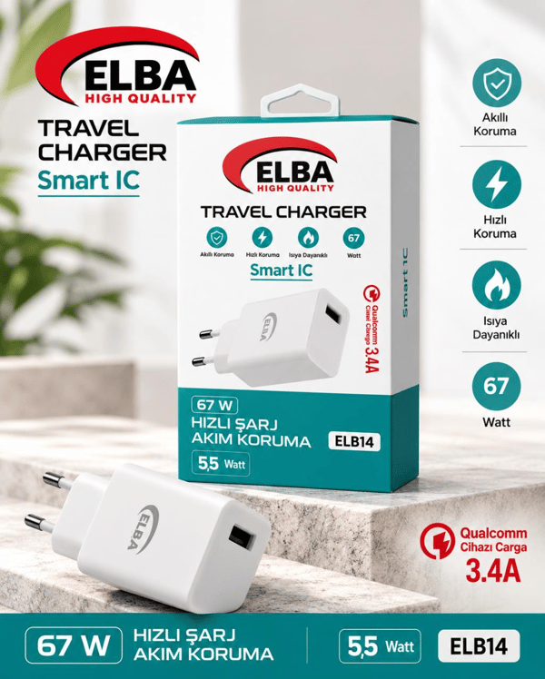 Elba ELB14 Elb-67w USB 67w 3.4A Hızlı Şarj Akıllı Koruma /Isıya Dayanıklı EV Şarj Kafa