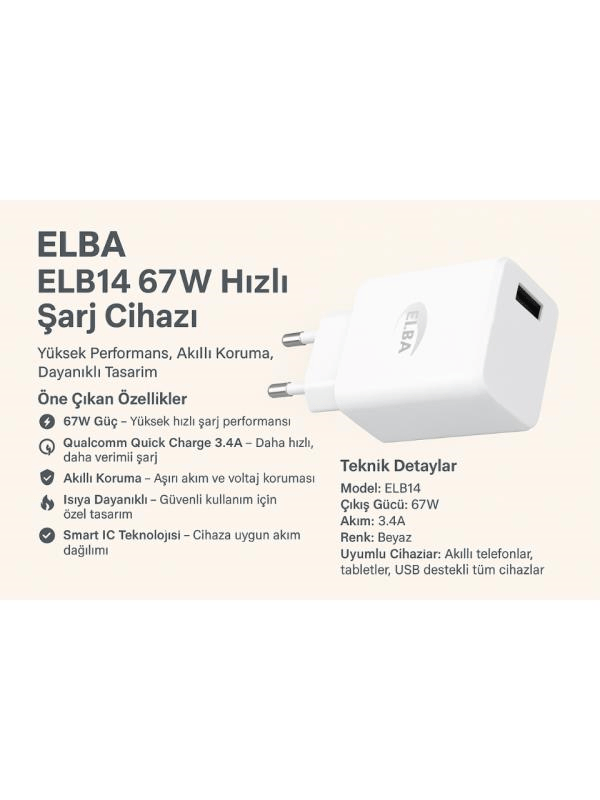 Elba ELB14 Elb-67w USB 67w 3.4A Hızlı Şarj Akıllı Koruma /Isıya Dayanıklı EV Şarj Kafa