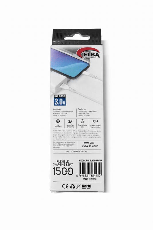 Elba ELB36-L1 3A Hızlı Şarj ve Veri Kablosu – USB’den Micro USB’ye, 1.5 Metre, Beyaz
