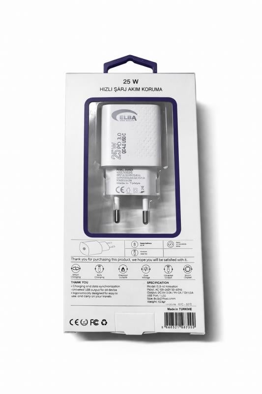 Elba ELB42 Beyaz 25W Şarj Kafa+ İphone Kablo USB-C PD3.0/QC4.0(Akım Koruma/Hızlı Şarj/)