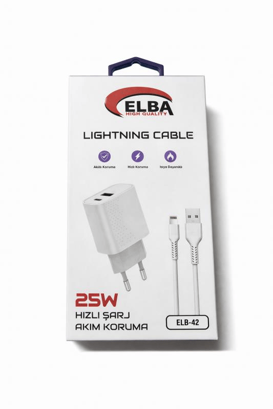 Elba ELB42 Beyaz 25W Şarj Kafa+ İphone Kablo USB-C PD3.0/QC4.0(Akım Koruma/Hızlı Şarj/)