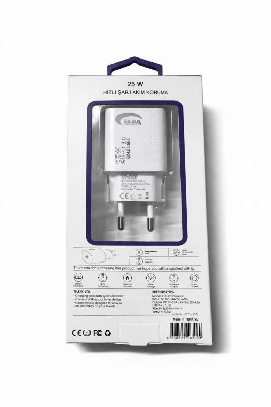 Elba ELB42 Beyaz 25W Şarj Kafa+ İphone Kablo USB-C PD3.0/QC4.0(Akım Koruma/Hızlı Şarj/)